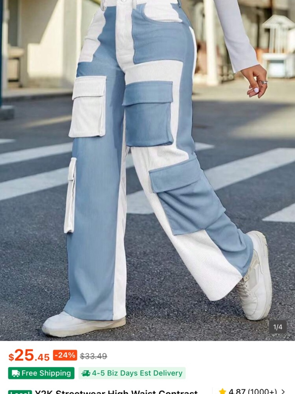 Contrast Blue & White Straight Leg Cargo Pants